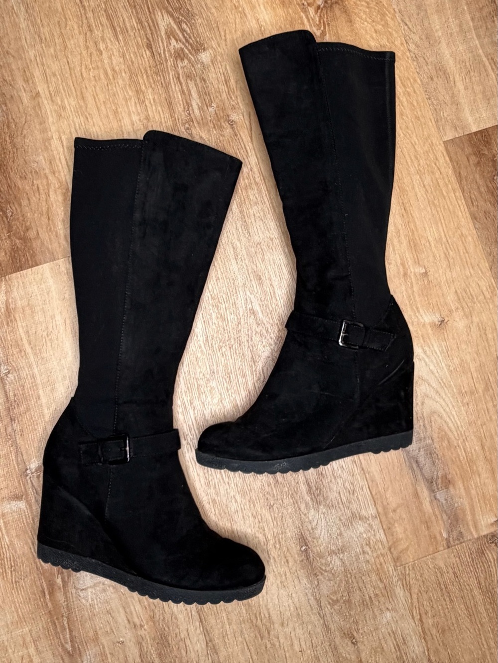 Unisa Tall Black Knee-High Wedge Boots with Buckle Detail Suede Feel